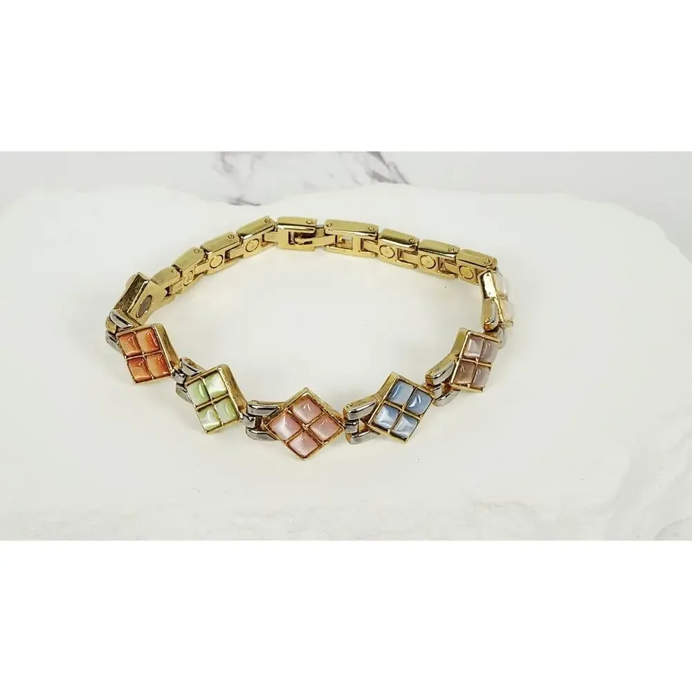 Vintage Retro Pastel Mosaic Cat's Eye Diamond Panel Link Bracelet 7.5